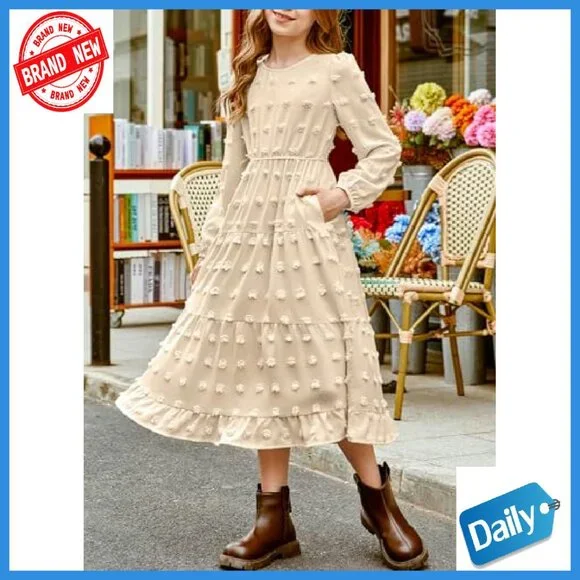 Girls Long Sleeve Maxi Dress with Pockets Polka Dot Tiered Hem 6-15Y